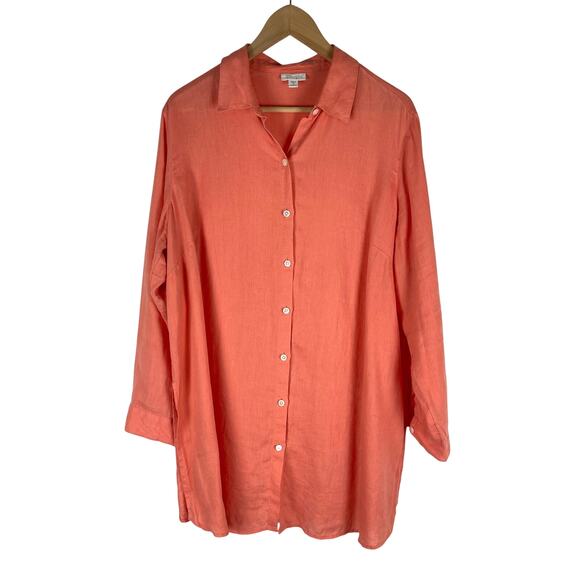 J. Jill Love Linen Coral Orange 100% Linen Button Front Tunic Shirt Women's 1X - Picture 1 of 8